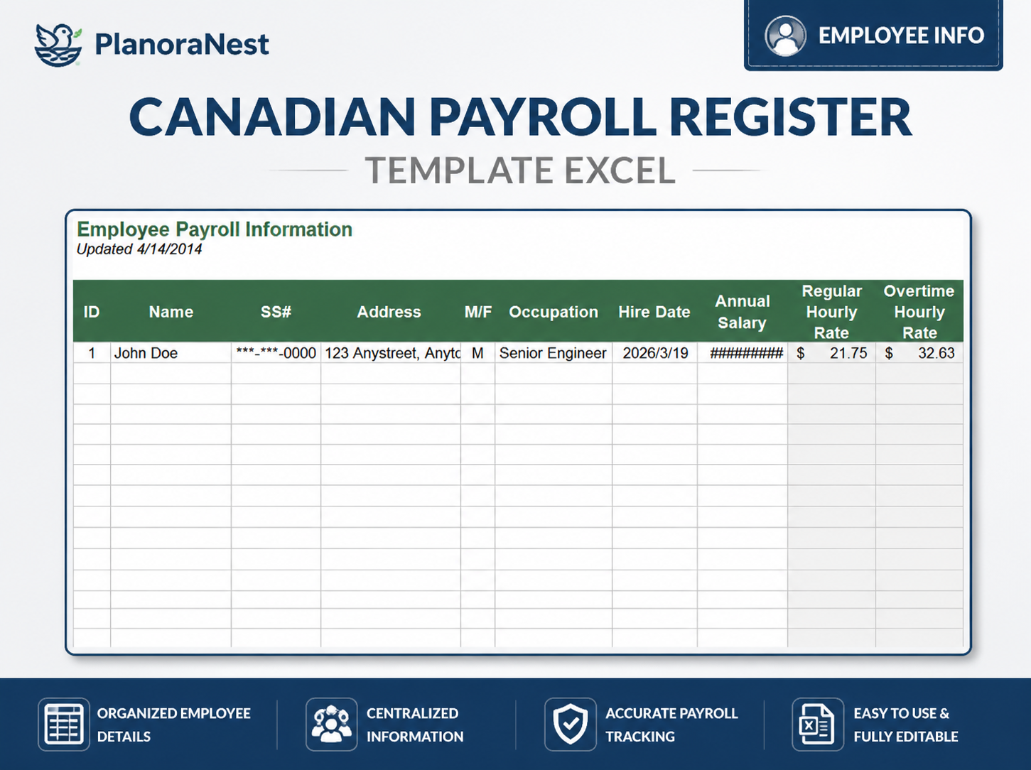 canadian payroll register template excel — Employee Info sheet