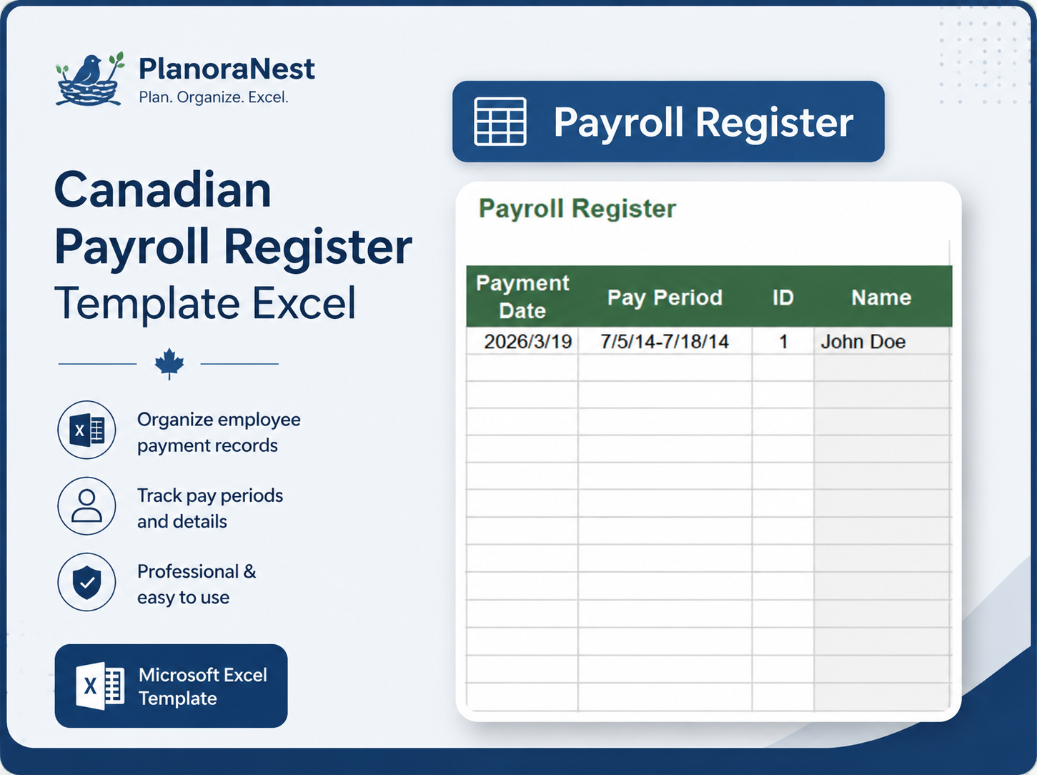 payroll register excel template screenshot — PlanoraNest Excel template