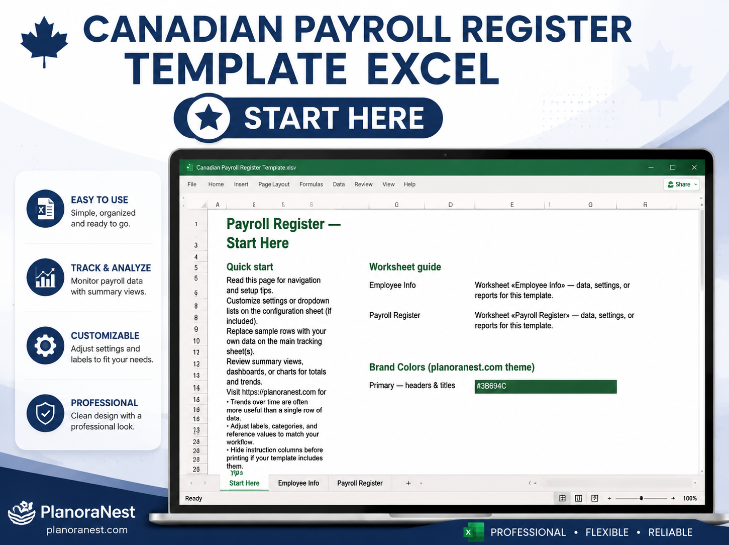 canadian payroll register template excel — Start Here sheet