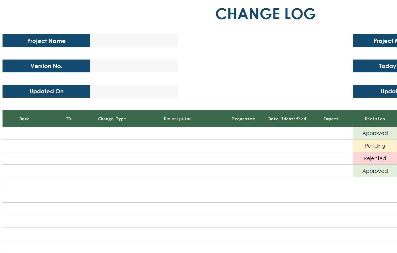 change log template excel template screenshot — PlanoraNest Excel template