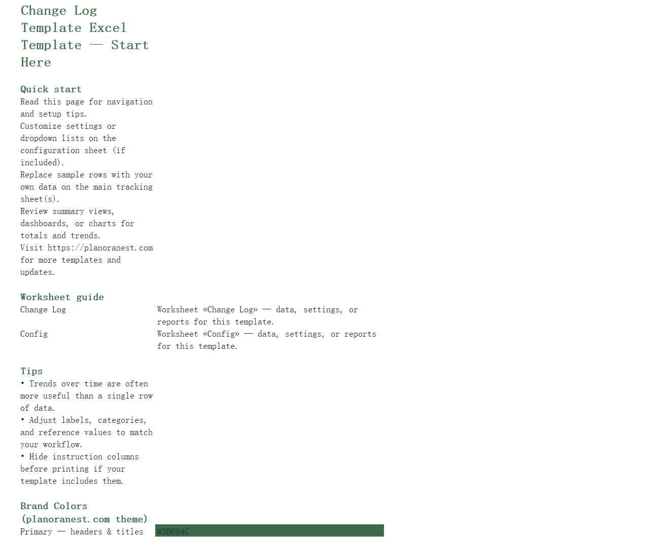 change log template excel template start here screenshot — PlanoraNest Excel template