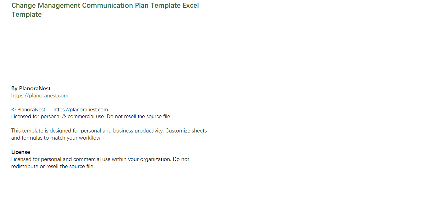 change management communication plan template excel screenshot — PlanoraNest Excel template