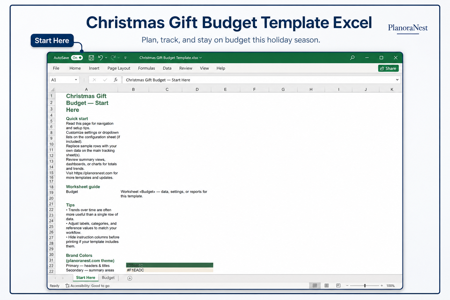 christmas gift budget template excel — Start Here sheet