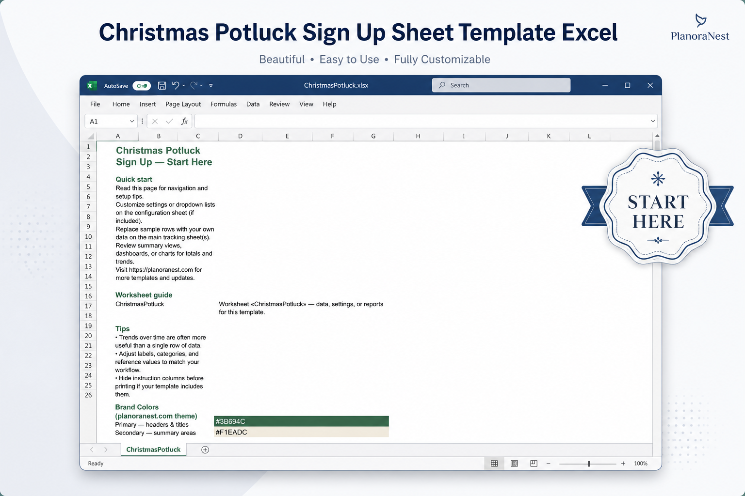 christmas potluck sign up sheet template excel — Start Here sheet