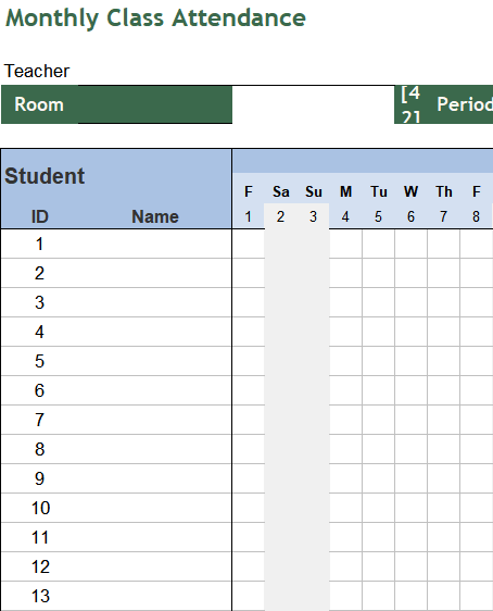 class attendance excel excel template — Nov sheet