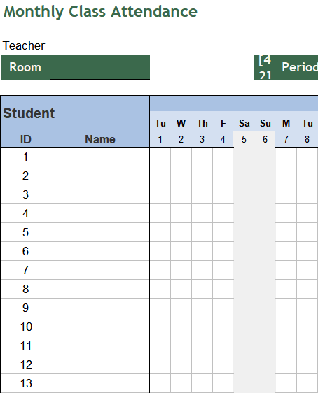 class attendance excel excel template — Oct sheet