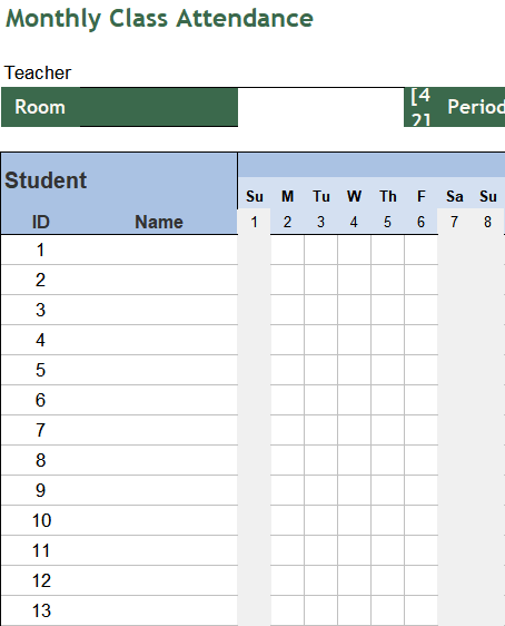 class attendance excel excel template — Sep sheet