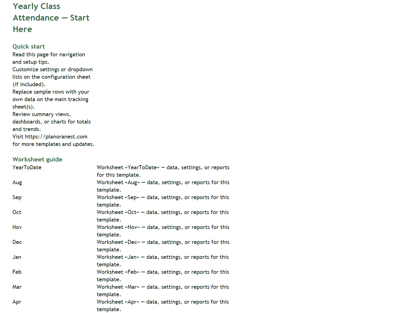 class attendance excel excel template — Start Here sheet