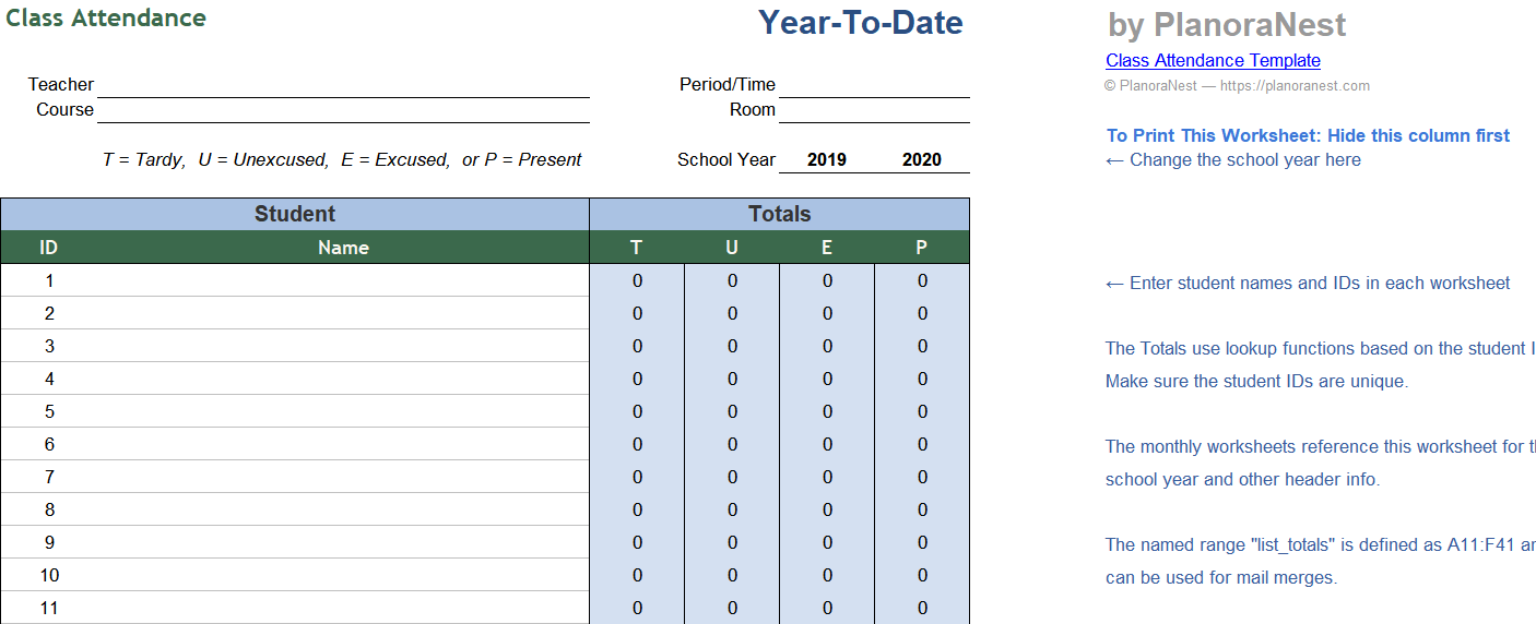 class attendance excel excel template — YearToDate sheet