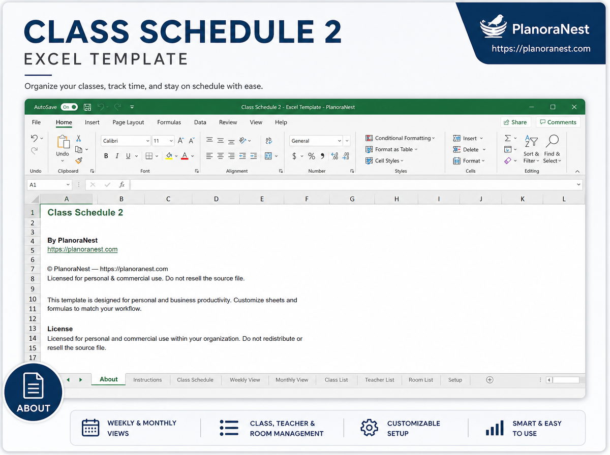 class schedule 2 excel template — About sheet