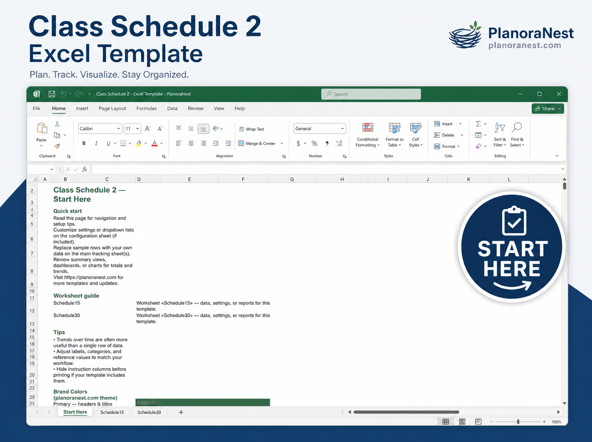 class schedule 2 excel template — Start Here sheet