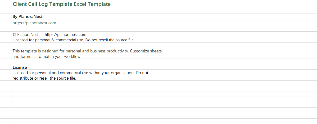 client call log template excel screenshot — PlanoraNest Excel template