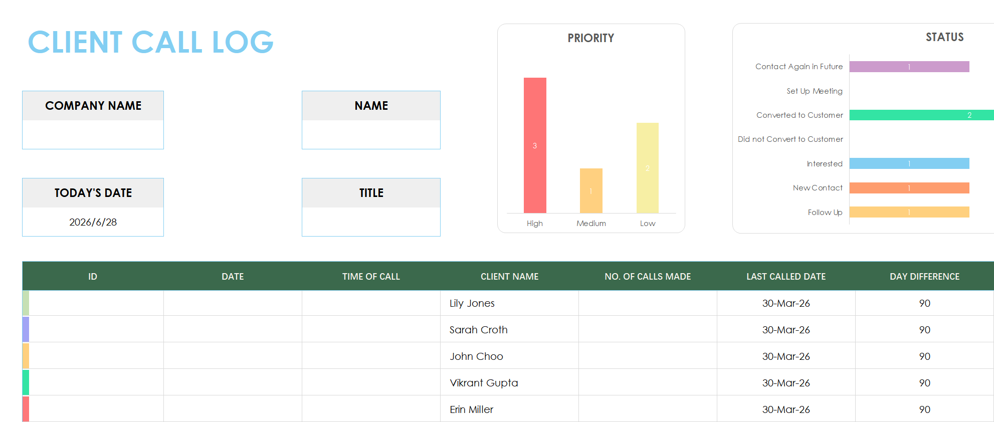excel client call log template template screenshot — PlanoraNest Excel template