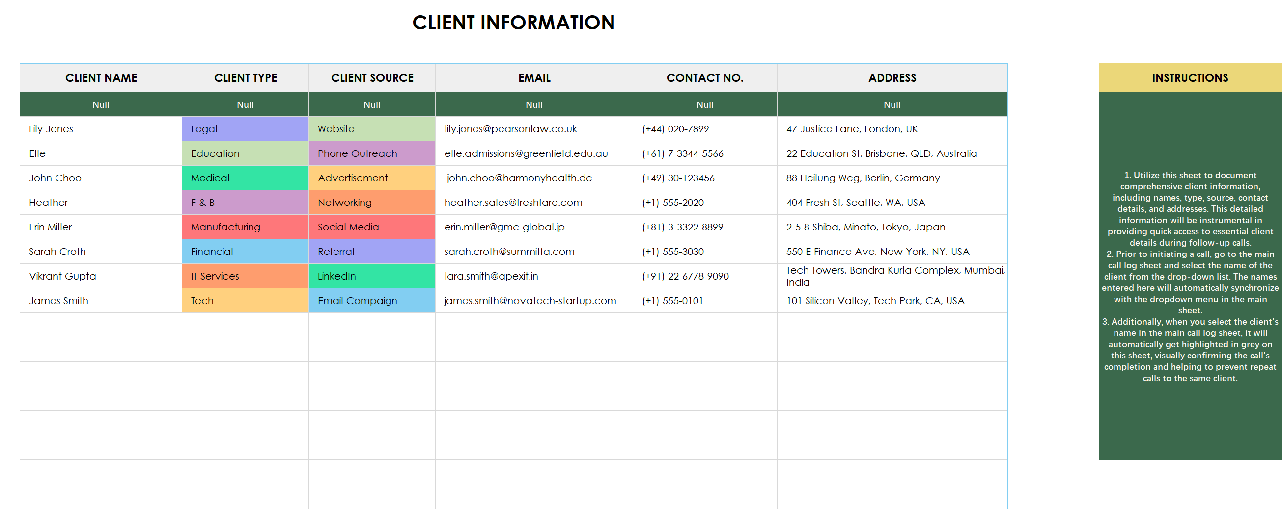 client call log template excel screenshot — PlanoraNest Excel template
