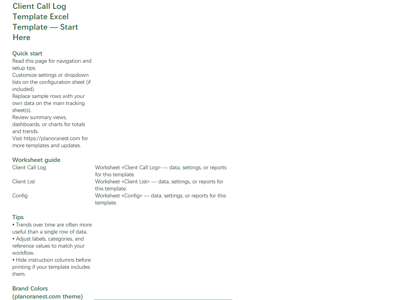 client call log template excel start here screenshot — PlanoraNest Excel template