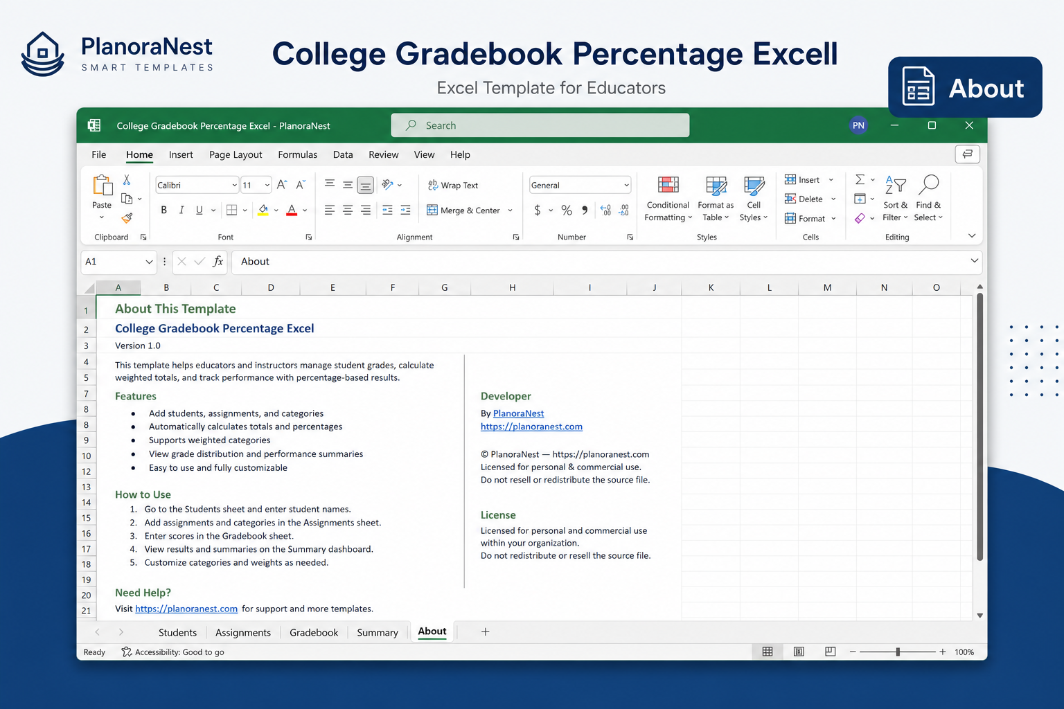 college gradebook percentage excell — Gradebook sheet