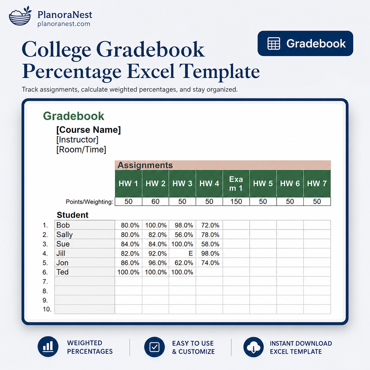 college gradebook percentage excell screenshot — PlanoraNest Excel template