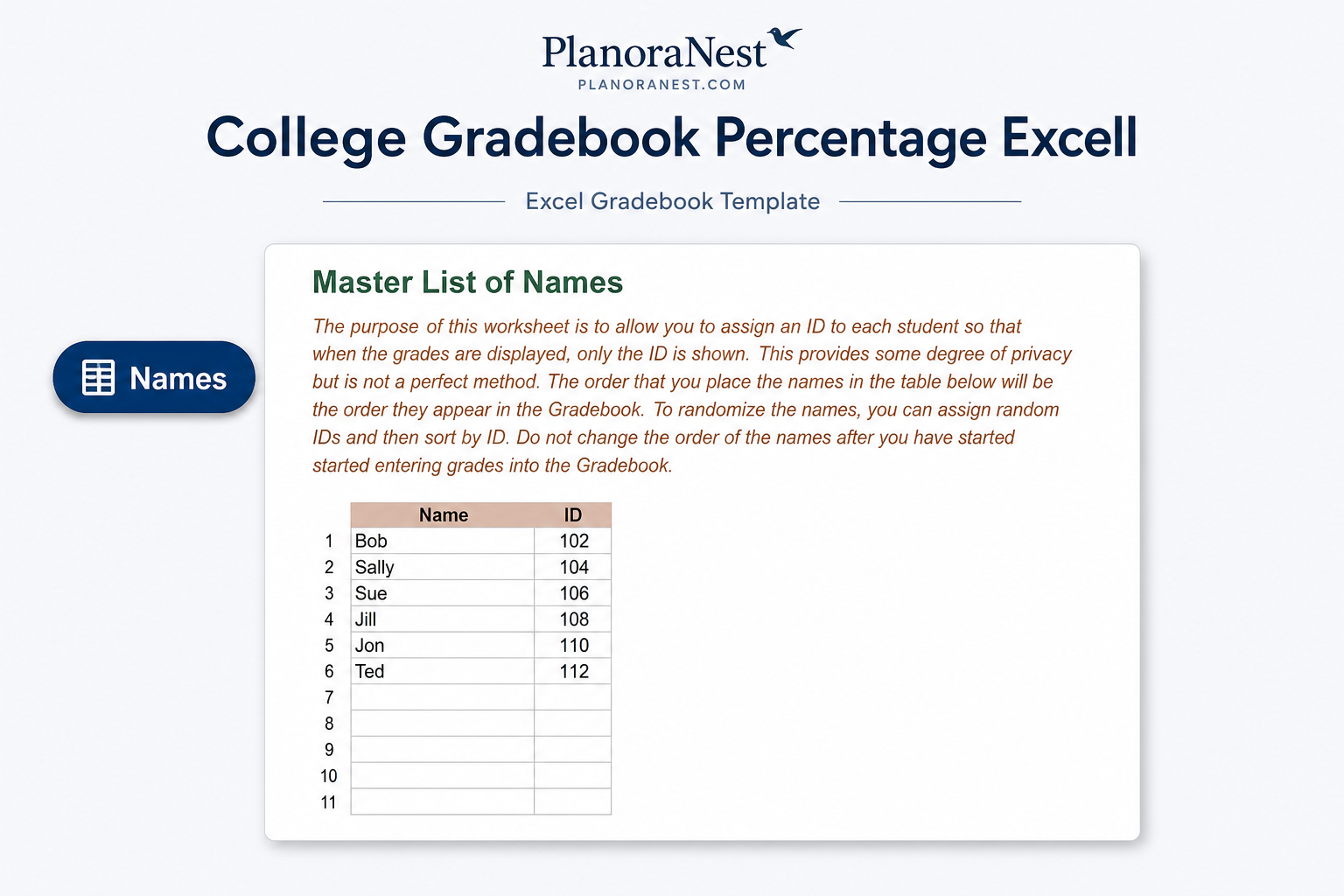 college gradebook percentage excell — Names sheet