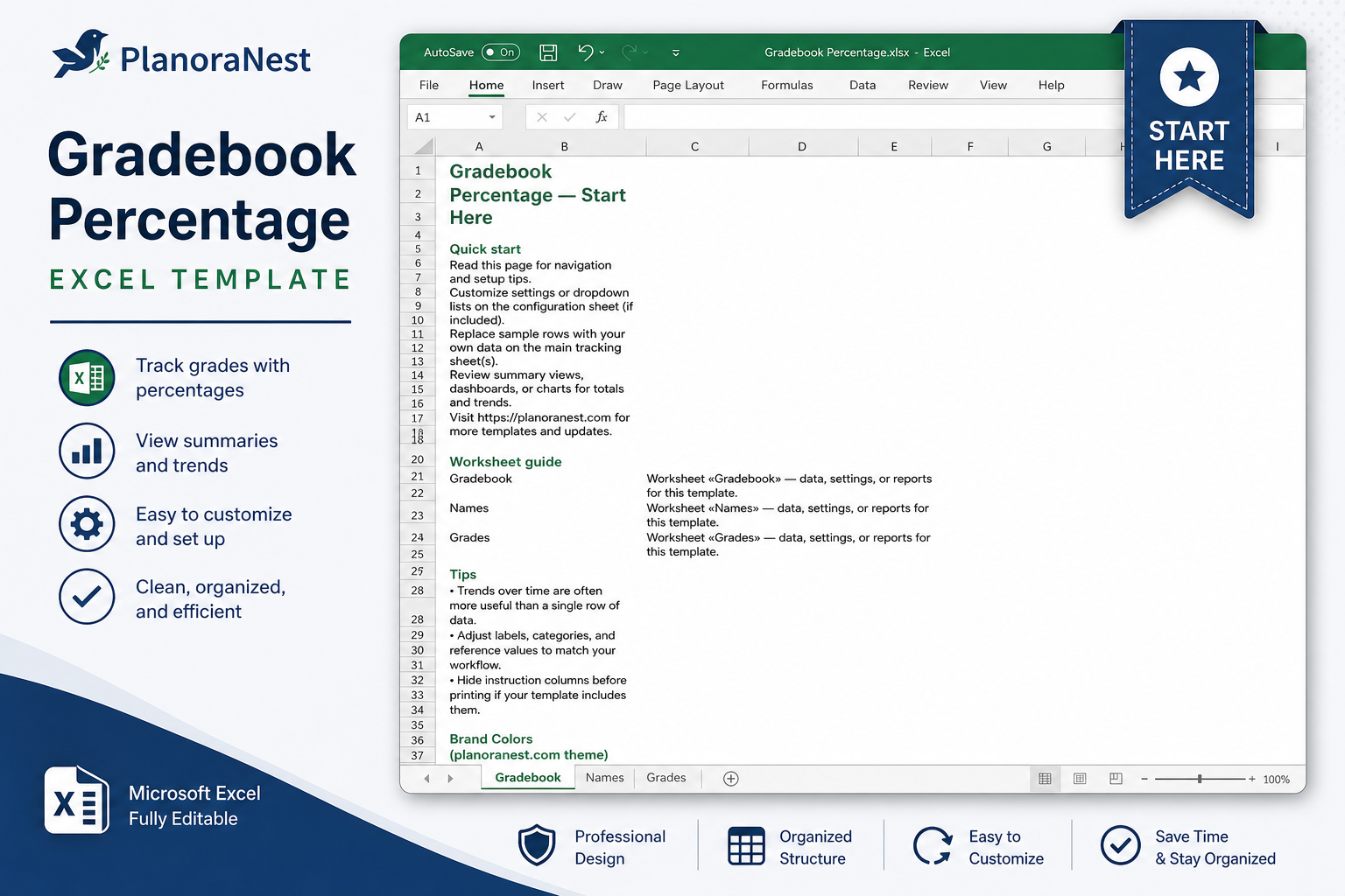 college gradebook percentage excell — Start Here sheet