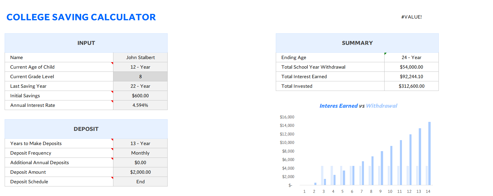 college savings calculator excel screenshot — PlanoraNest Excel template