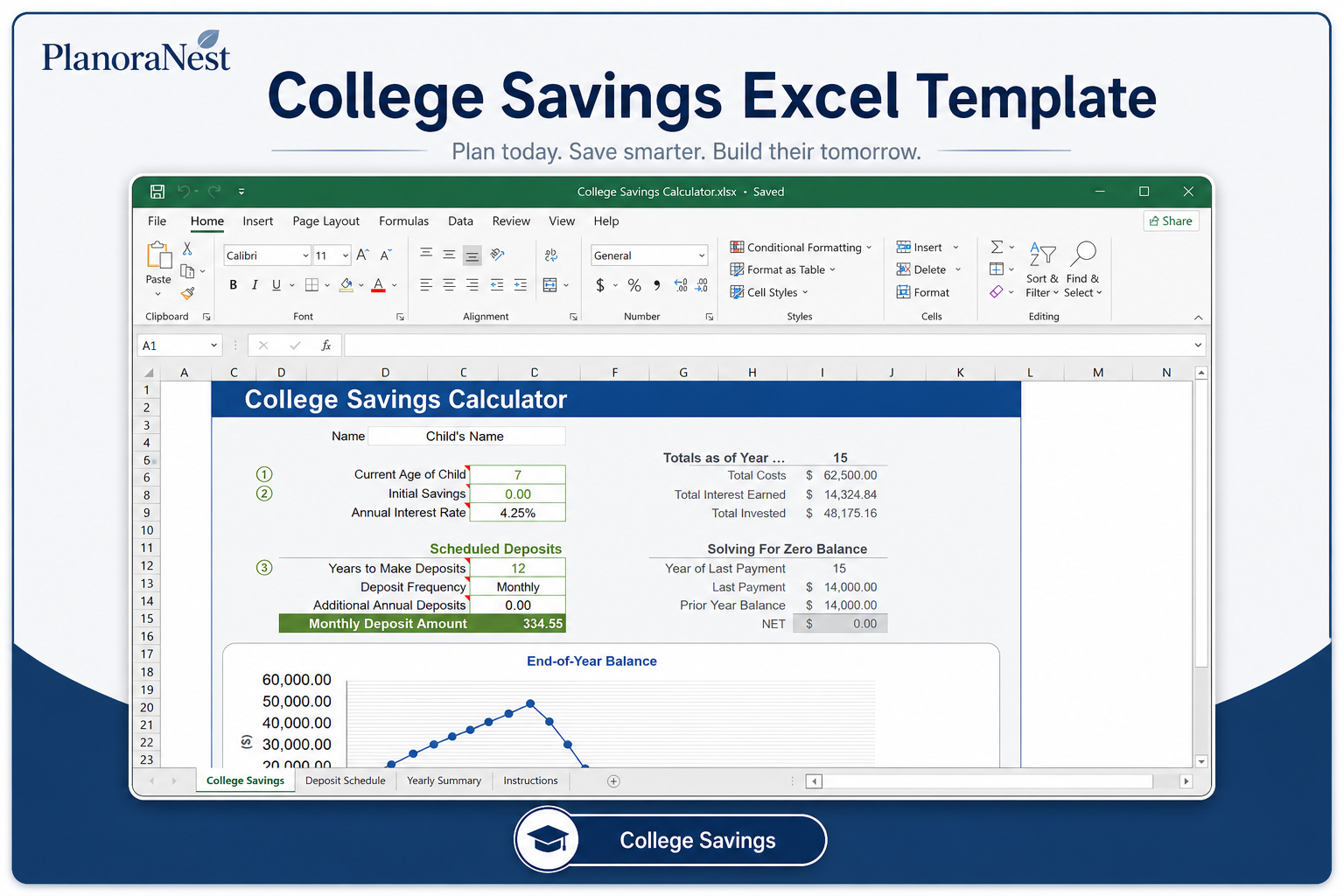 college savings excel spreadsheet screenshot — PlanoraNest Excel template