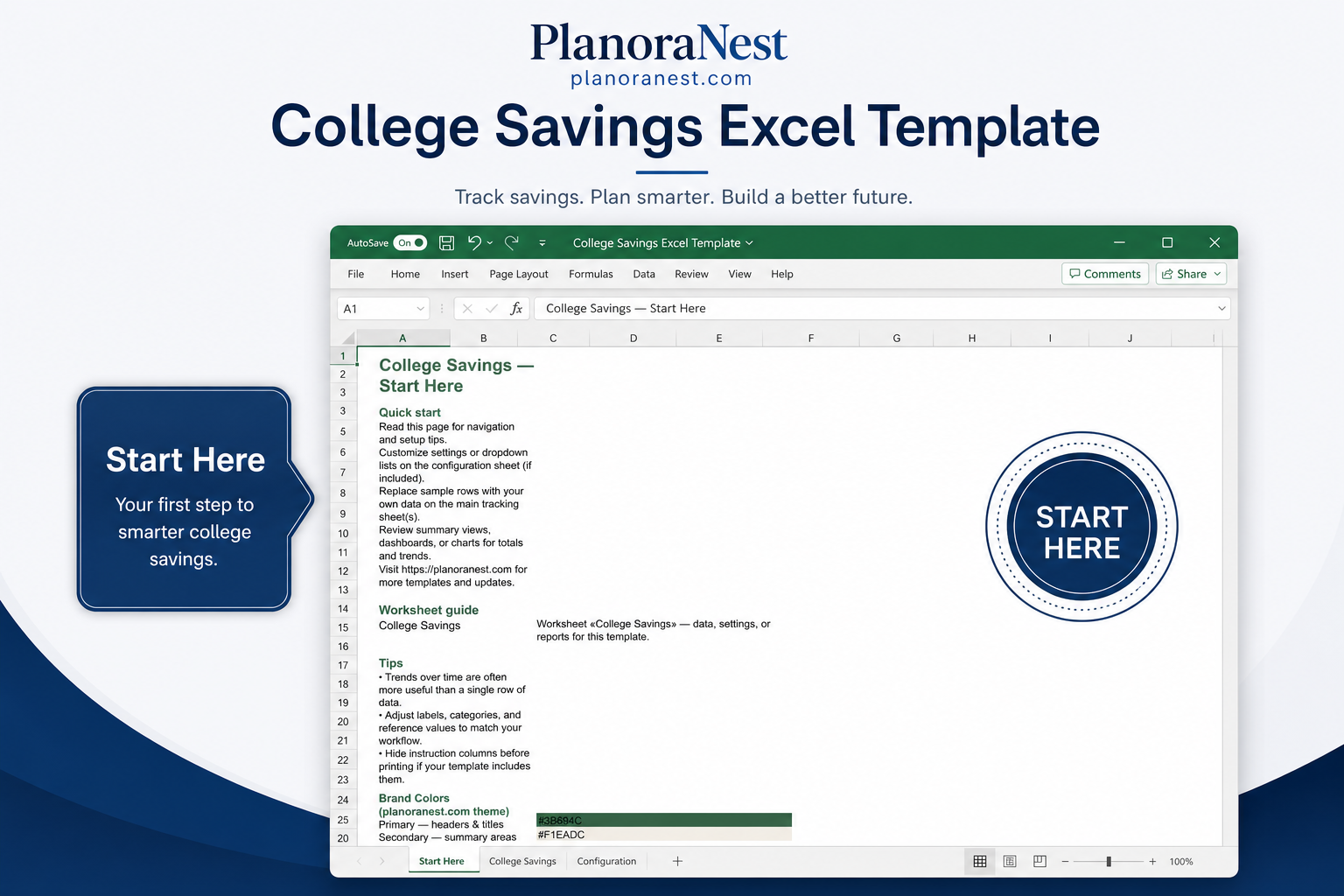 college savings excel template — Start Here sheet