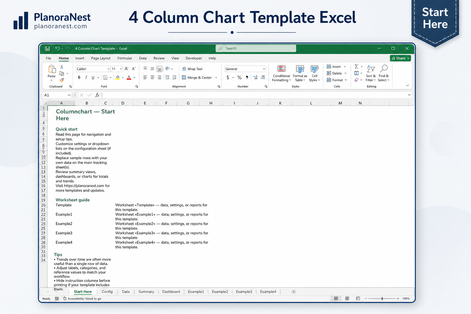 google spreadsheet column chart start here screenshot — PlanoraNest Excel template
