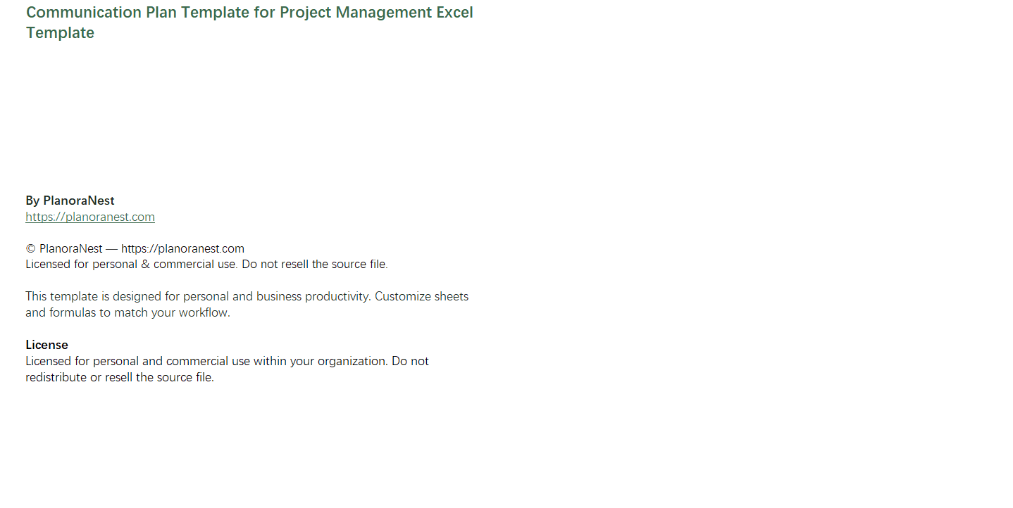 communication plan template for project management excel screenshot — PlanoraNest Excel template
