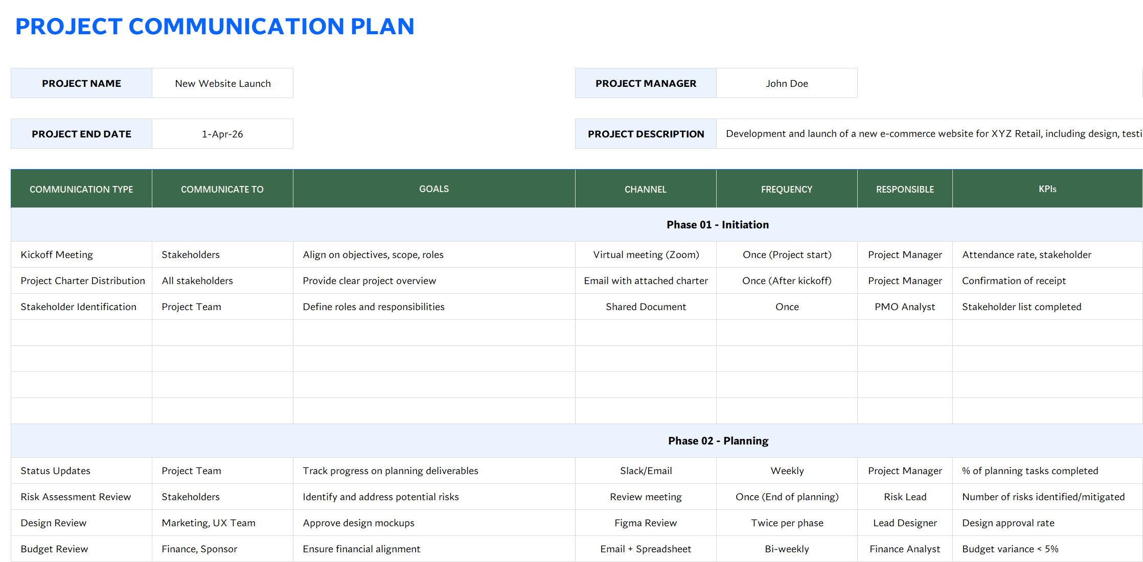 excel communication plan template for project management template screenshot — PlanoraNest Excel template