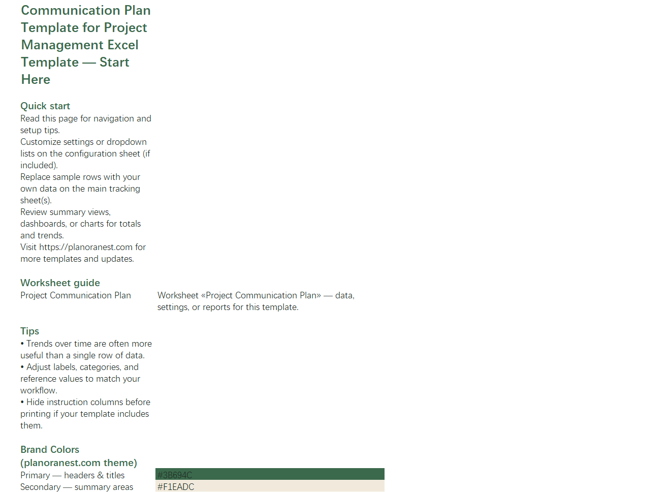 communication plan template for project management excel start here screenshot — PlanoraNest Excel template
