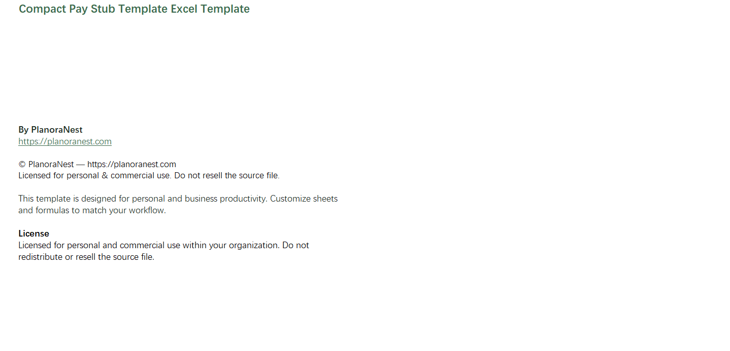 compact pay stub template excel screenshot — PlanoraNest Excel template