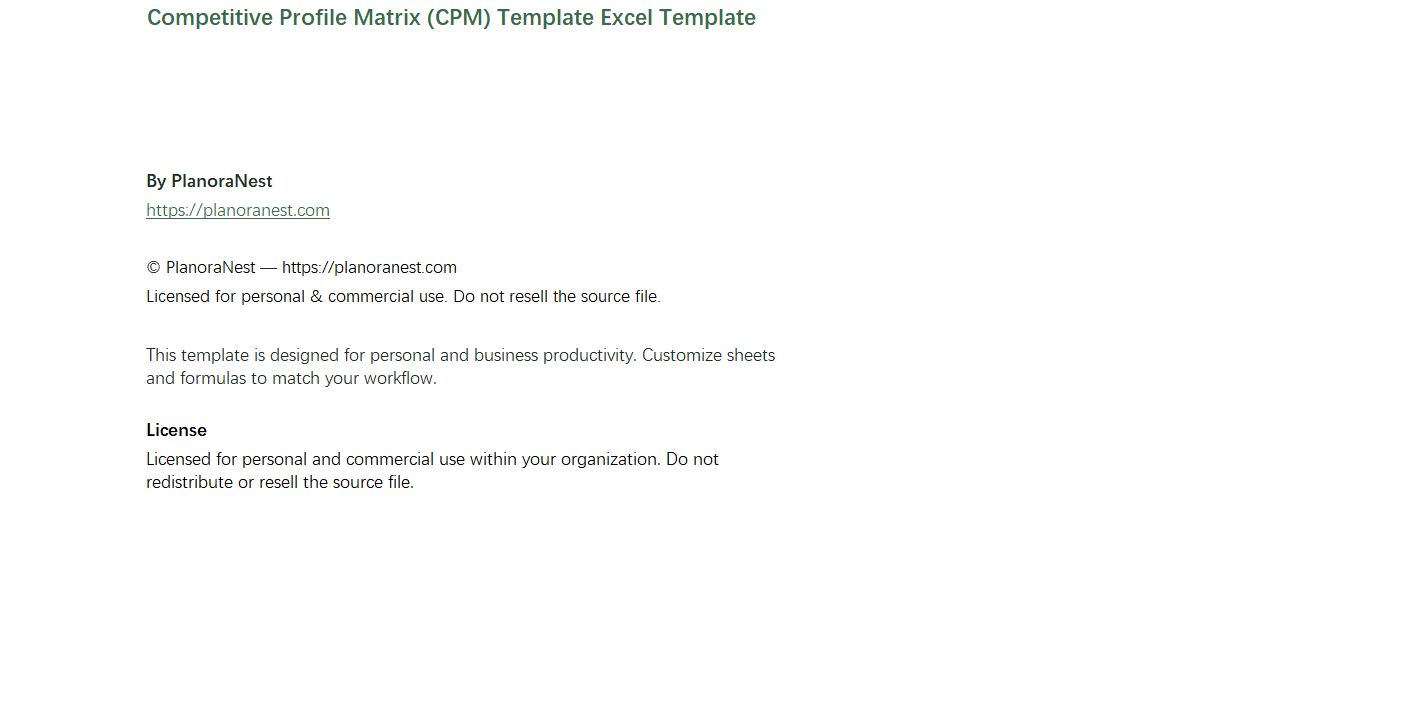 competitive profile matrix (cpm) template excel screenshot — PlanoraNest Excel template