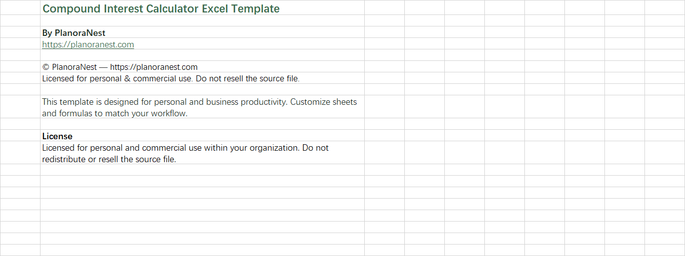 excel compound interest calculator template screenshot — PlanoraNest Excel template