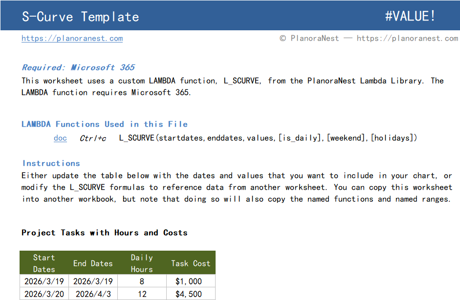 construction s curve excel screenshot — PlanoraNest Excel template