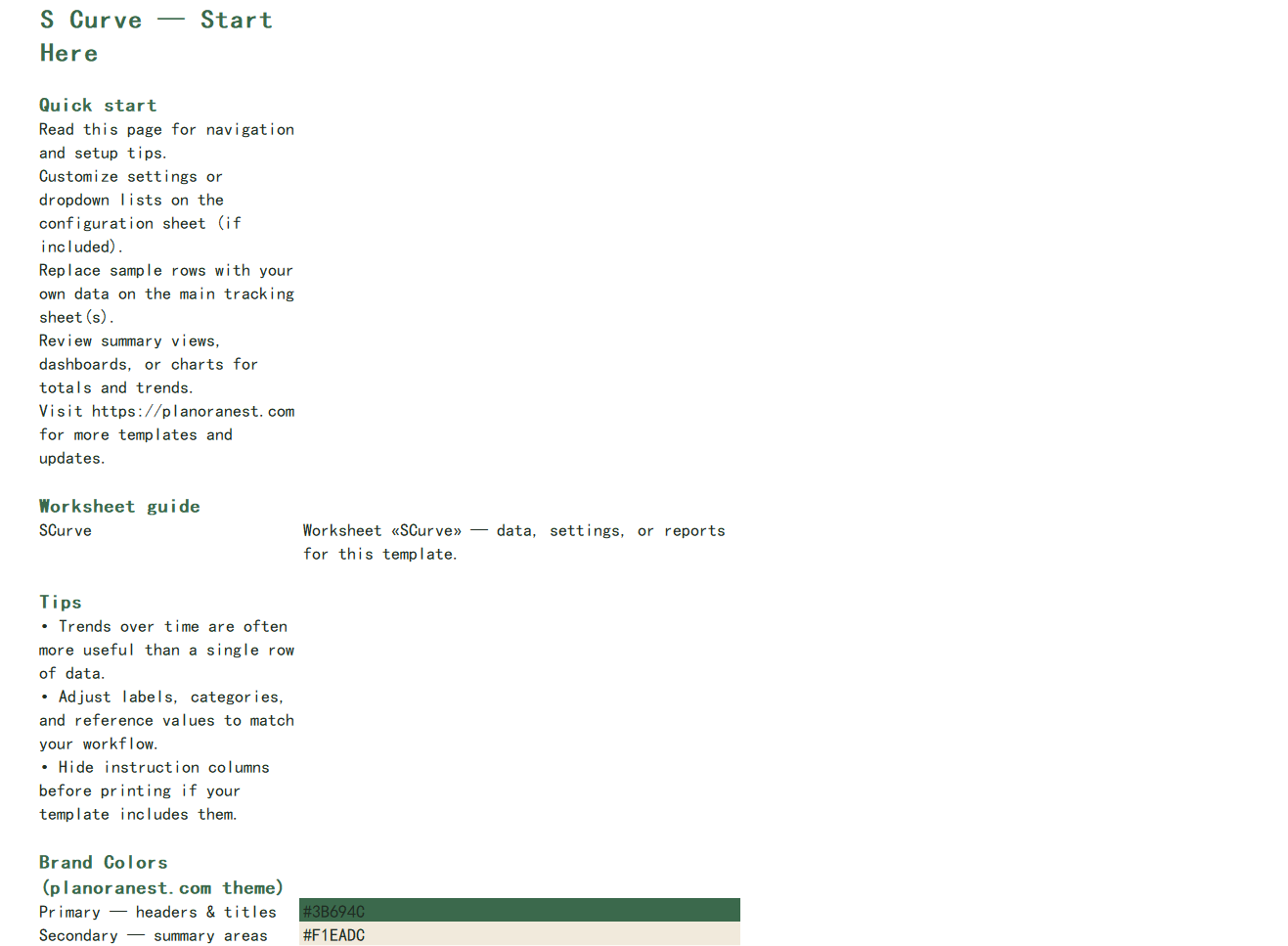 construction s curve excel start here screenshot — PlanoraNest Excel template