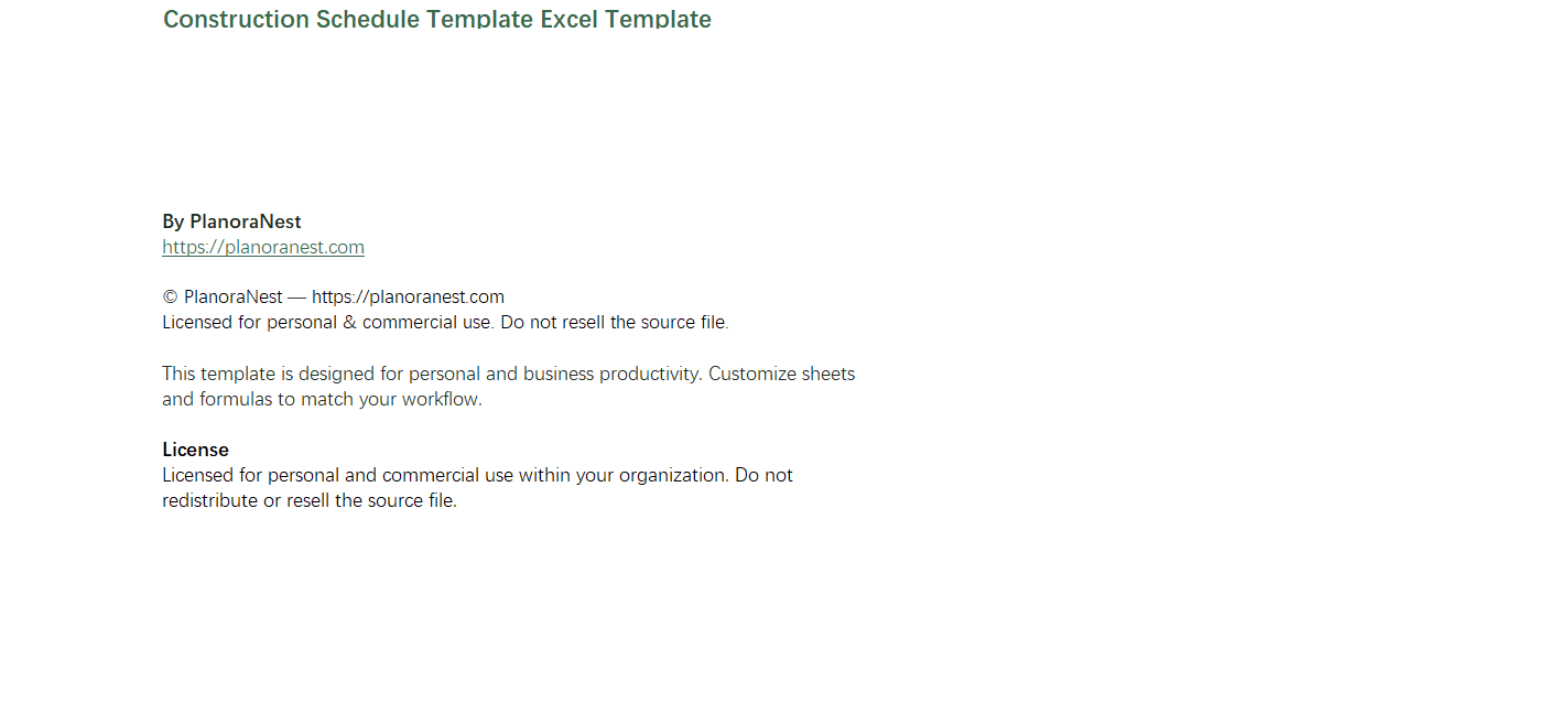 construction schedule template excel screenshot — PlanoraNest Excel template