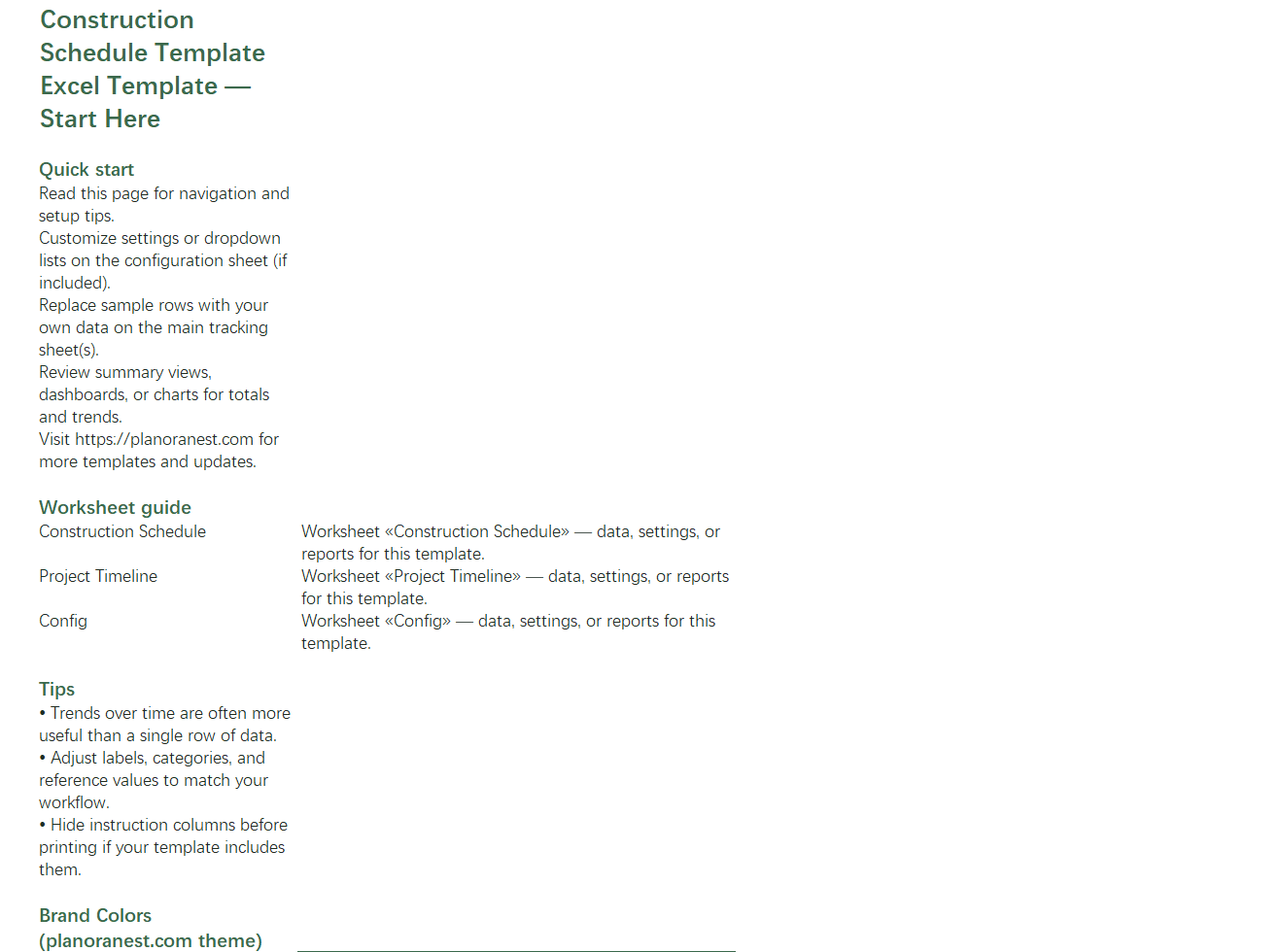 excel construction schedule template template start here screenshot — PlanoraNest Excel template