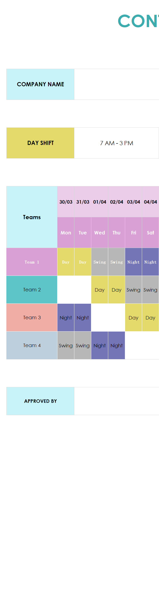 excel continental shift schedule template template screenshot — PlanoraNest Excel template