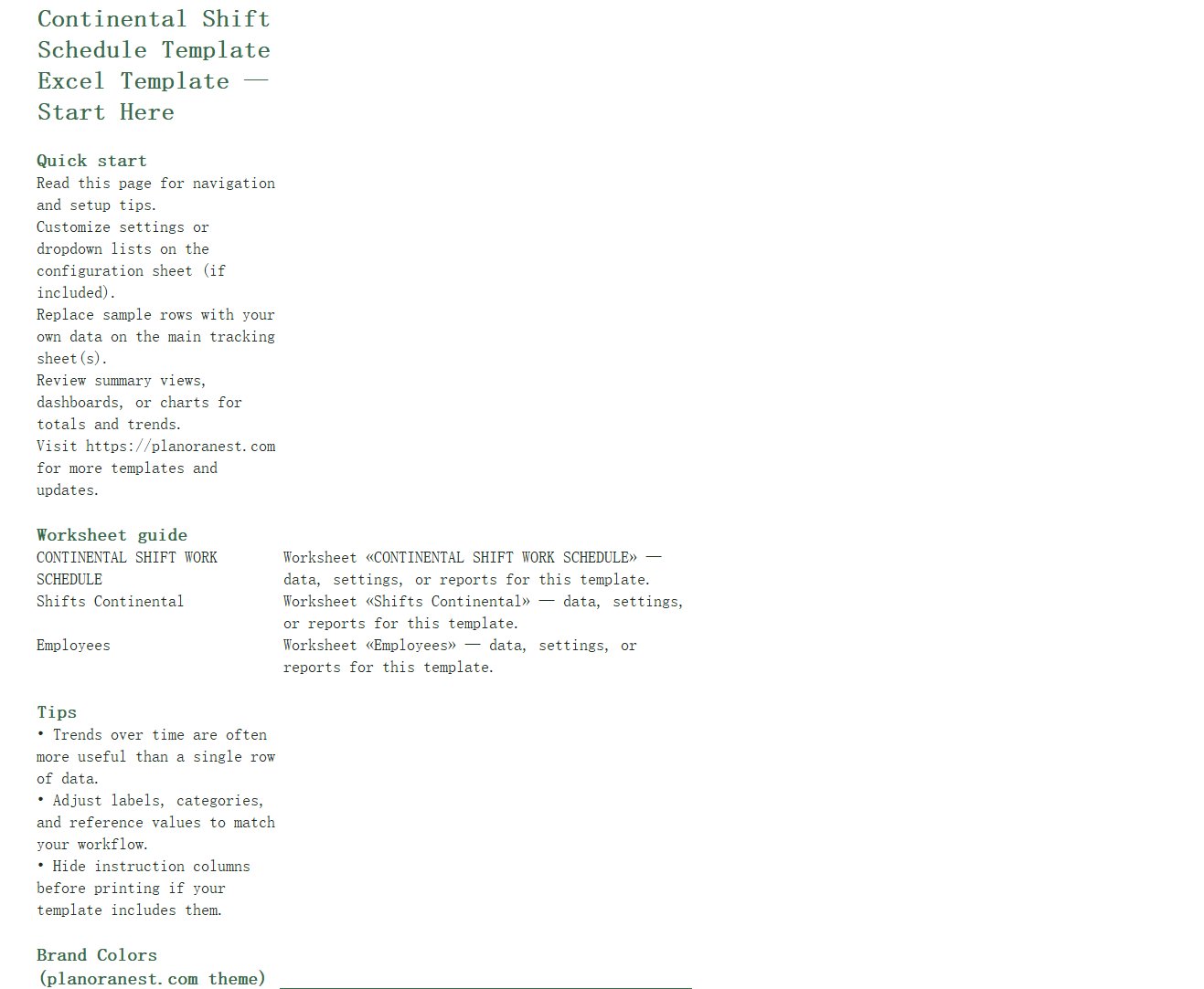 continental shift schedule template excel start here screenshot — PlanoraNest Excel template