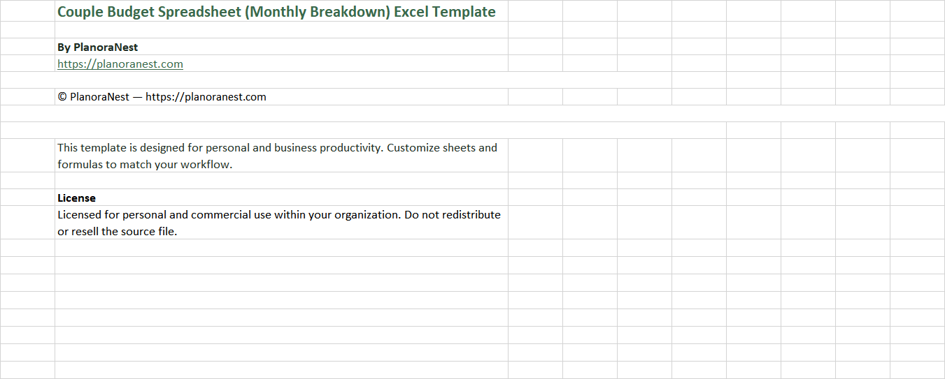 excel couple budget spreadsheet (monthly breakdown) template screenshot — PlanoraNest Excel template