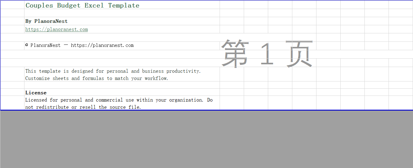 excel couples budget template screenshot — PlanoraNest Excel template