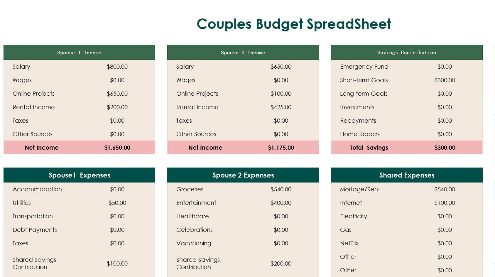 couples budget excel screenshot — PlanoraNest Excel template