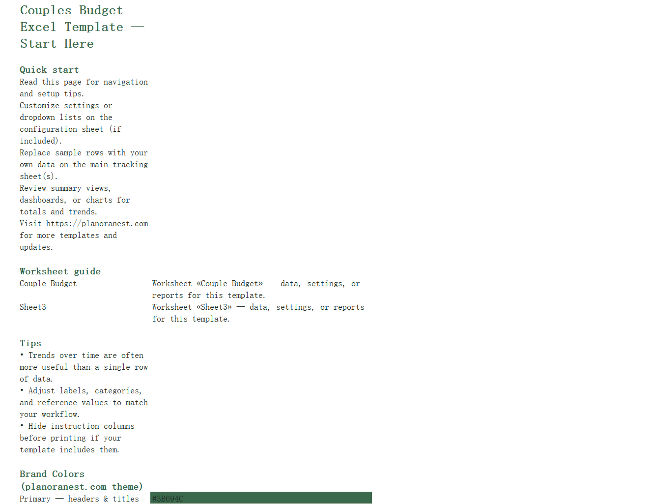 couples budget excel start here screenshot — PlanoraNest Excel template
