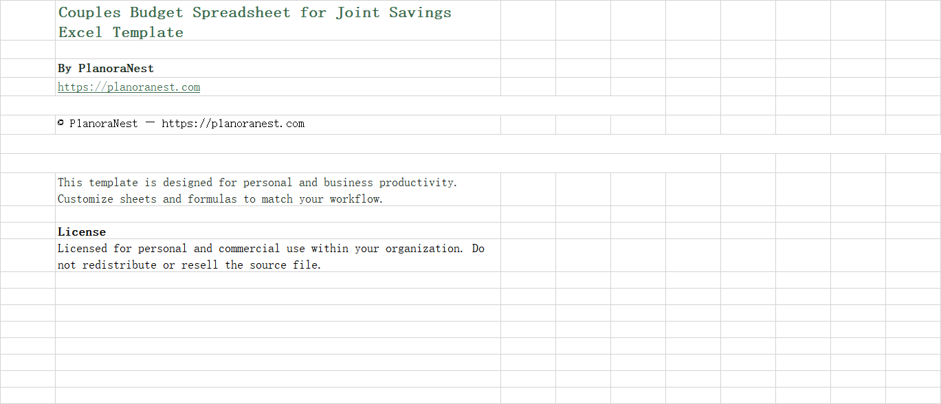 excel couples budget spreadsheet for joint savings template screenshot — PlanoraNest Excel template