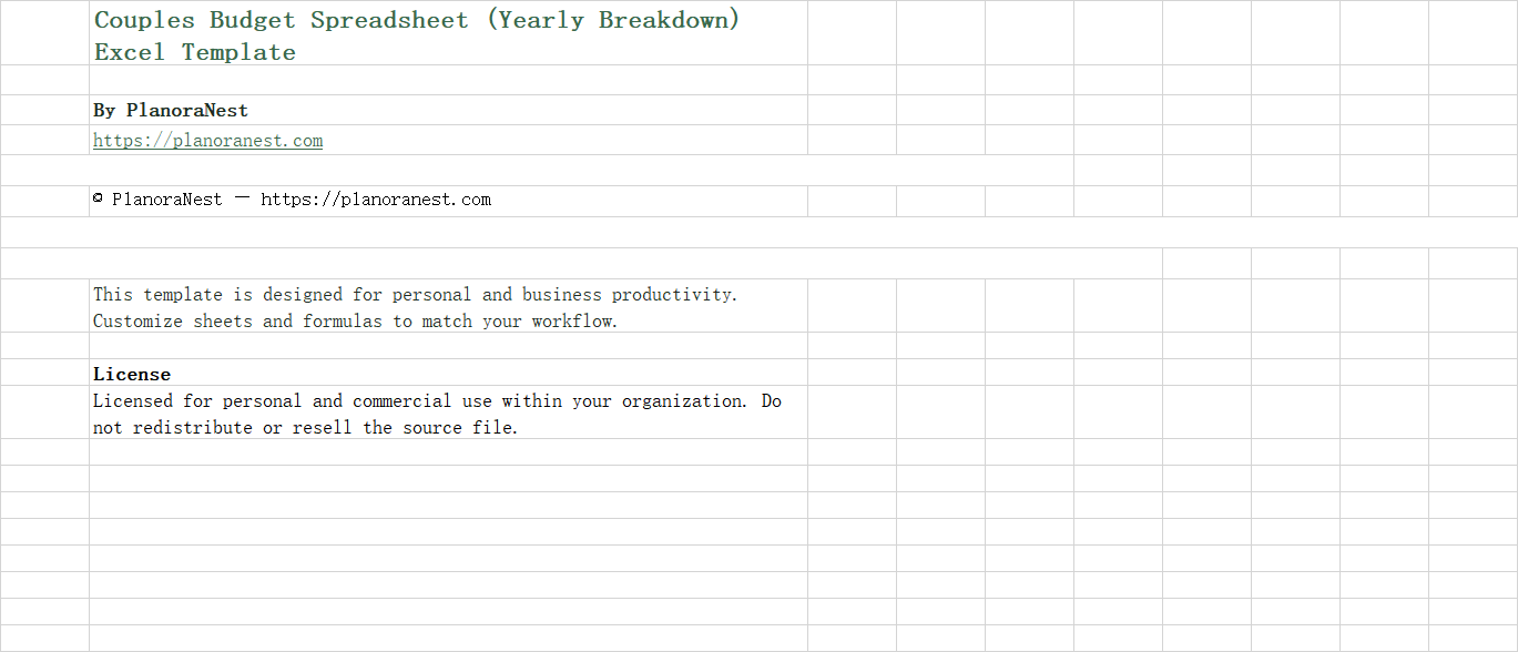 excel couples budget spreadsheet (yearly breakdown) template screenshot — PlanoraNest Excel template
