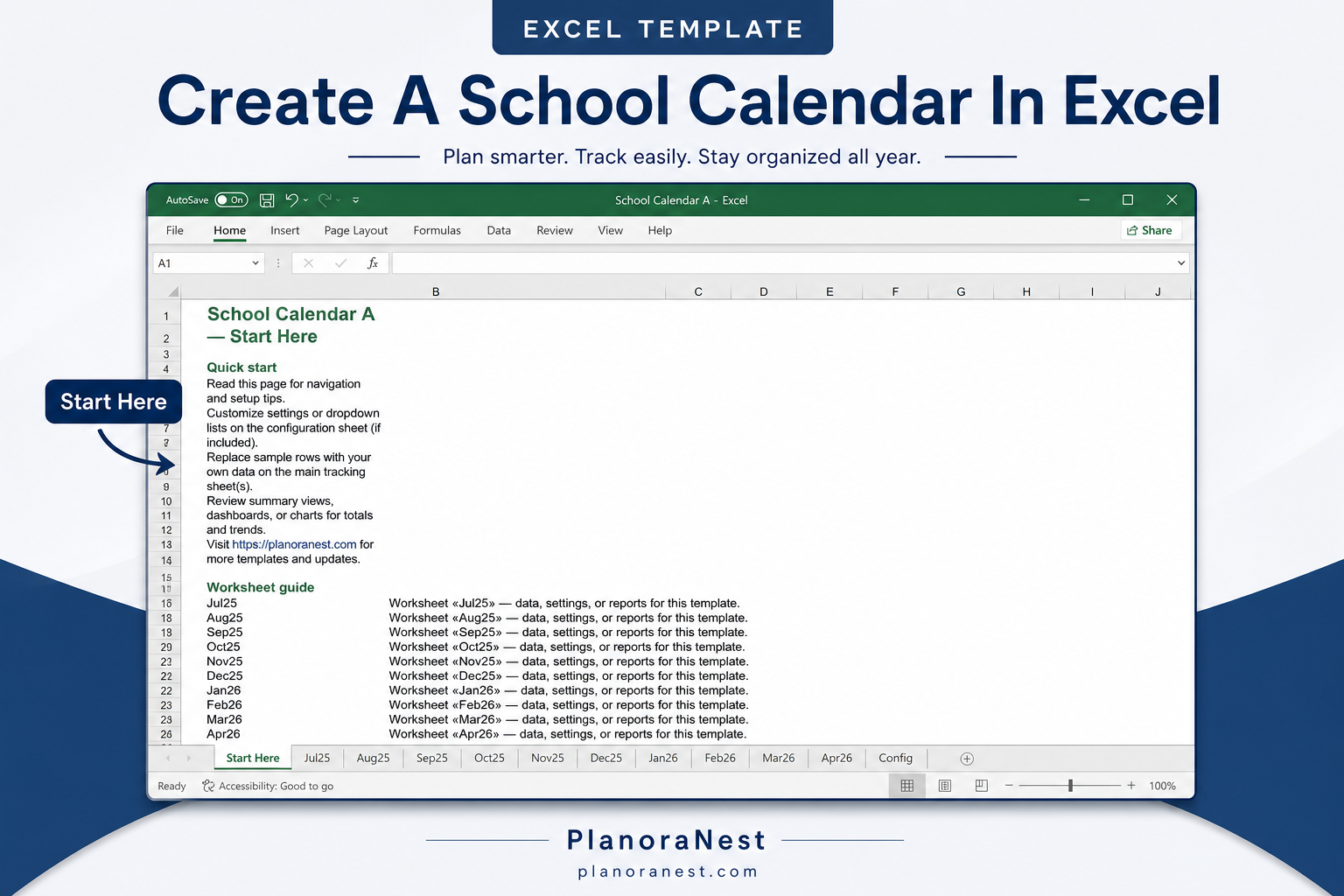 create a school calendar in excel start here screenshot — PlanoraNest Excel template