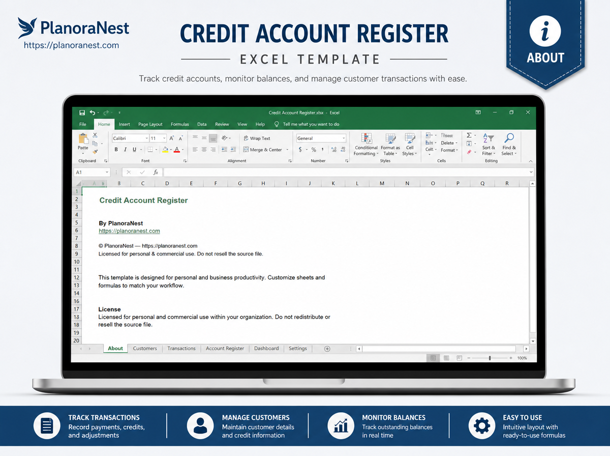 credit account register excel template — Register sheet