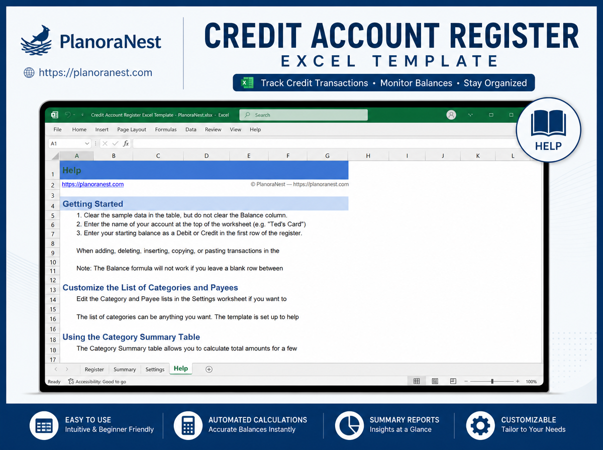 credit account register excel template — Help sheet