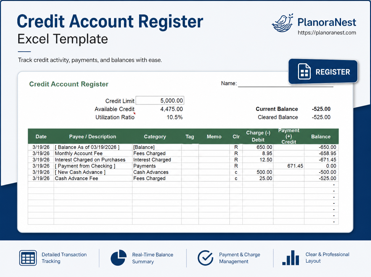 excel credit account register template screenshot — PlanoraNest Excel template