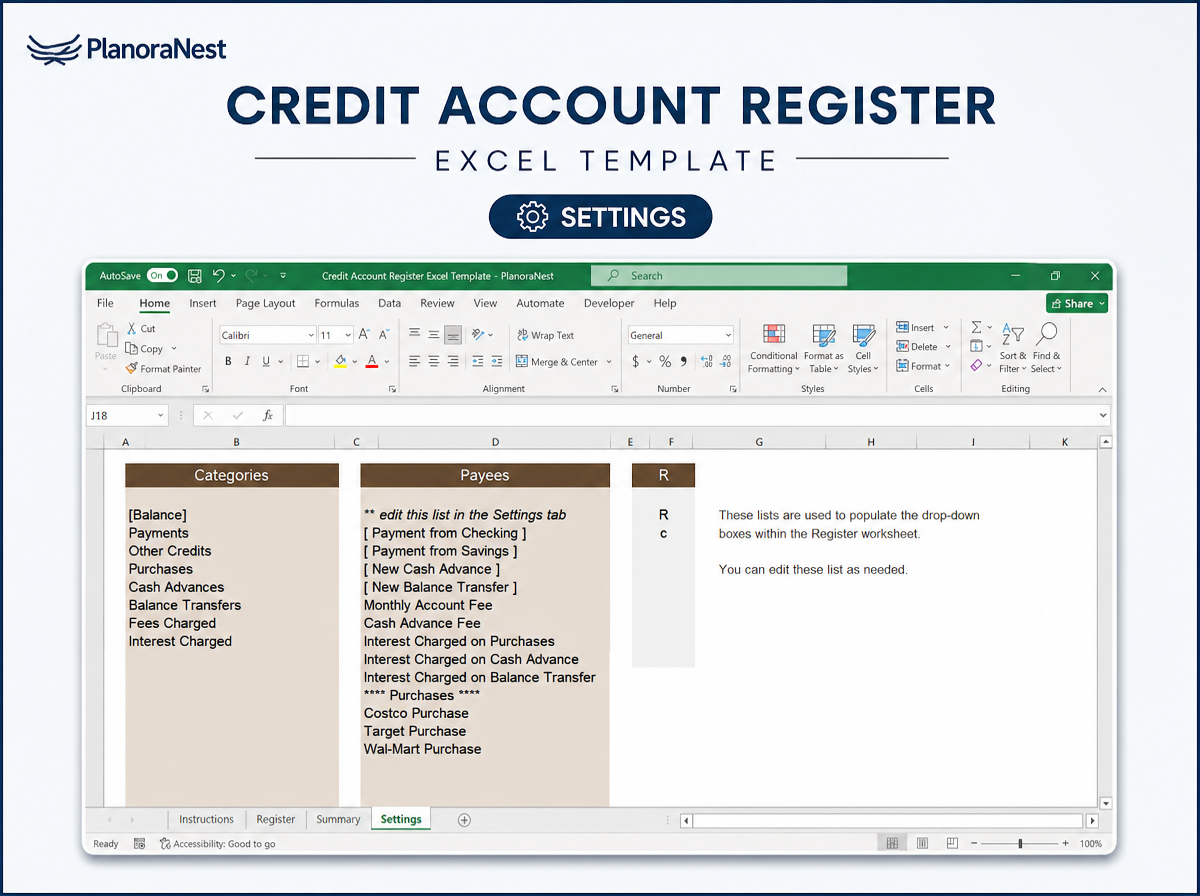 credit account register excel template — Settings sheet
